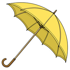 umbrella isolated on white background, Bright yellow umbrella with curved wooden handle—classic design perfect for rainy day themes, weather graphics, seasonal illustrations, or fashion accessories.