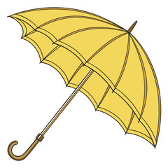 umbrella isolated on white background, Bright yellow umbrella with curved wooden handle—classic design perfect for rainy day themes, weather graphics, seasonal illustrations, or fashion accessories.