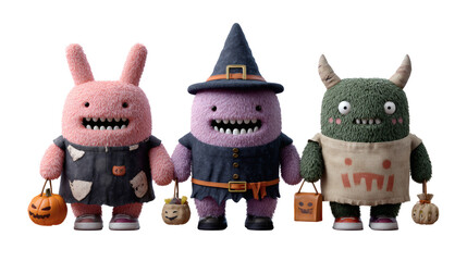 Three adorable monsters in costume are ready for trick or treating on Halloween night.