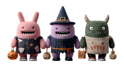 Three adorable monsters in costume are ready for trick or treating on Halloween night.