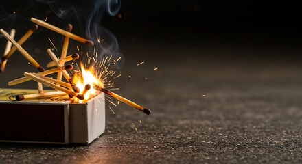 Exploding matchbox with burning matches and sparks scattering.