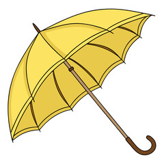 umbrella isolated on white background, Bright yellow umbrella with curved wooden handle—classic design perfect for rainy day themes, weather graphics, seasonal illustrations, or fashion accessories.