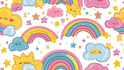 Cute rainbows seamless pattern make from colorful rainbow clouds stars Kids baby background. seamless pattern made from rainbows, clouds and stars.

