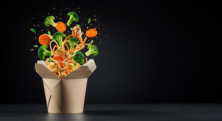 Noodles with broccoli and carrots are flying out of a takeout container against a dark background.