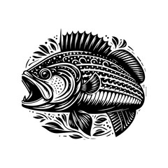 Ornate Black and White Bass Fish with Open Mouth and Decorative Elements.