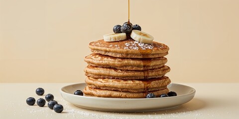 Stack of pancakes topped with banana slices and blueberries on a white plate with syrup drizzle