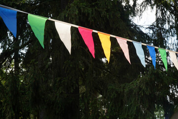 Colorful flags in forest colored triangle shaped party ribbons.