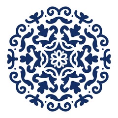 Traditional Ornamental Circular Blue Mandala Inspired by Floral and Baroque Patterns for Decorative Design and Textile Use. Illustration