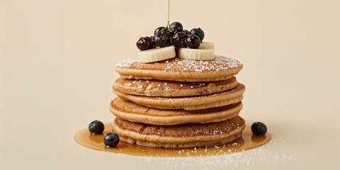 A stack of pancakes topped with blueberries and banana slices with syrup drizzled on top of the pancakes
