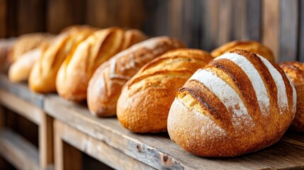 Fototapeta premium Freshly Baked Bread Loaves on Wooden Shelf in Rustic Bakery Setting