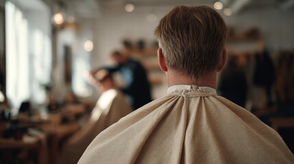 Fototapeta premium Man haircut session in a cozy earthy-toned grooming studio with a faceless man wearing a beige cape