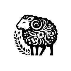 Fototapeta premium Ornate Black Silhouette of a Sheep with Floral Embellishments.