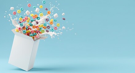 Colorful cereal bursts from an open box, milk splashing around in a vibrant, energetic display.
