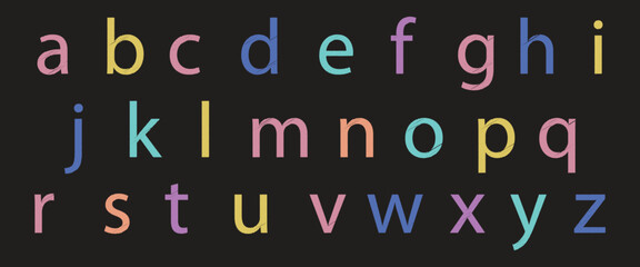 Colorful lowercase alphabet letters in modern sans-serif font on black background. Stylish multicolor typography for educational, graphic, and design use. Minimalist, creative, and bold layout.