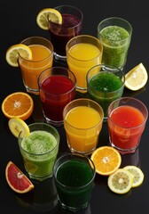Fototapeta premium Array of colorful fruit and vegetable juices in glasses on a black surface with fruit slices around it