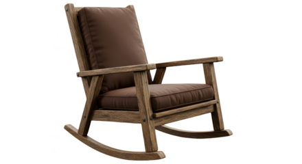 Isolated Wooden Rocking Chair With Brown Cushions On Transparent Background