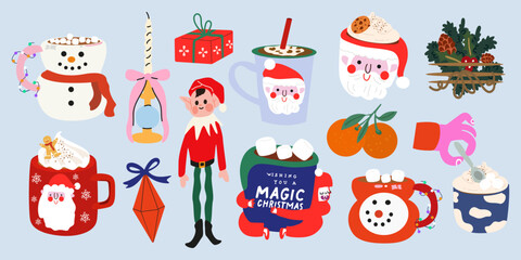 Cartoon Christmas stickers in retro groovy style. Bright cozy winter elements and shapes. Hot drinks, candles, elf, gifts. Vector new year illustration for greeting cards, patches, labels, stamps