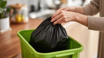 A person places a black trash bag into a green recycling bin in a clutter-free kitchen, showcasing a daily household chore focused on waste disposal and sustainability