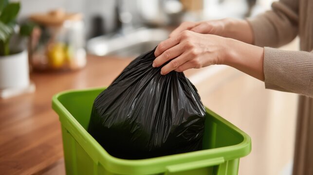 A person places a black trash bag into a green recycling bin in a clutter-free kitchen, showcasing a daily household chore focused on waste disposal and sustainability
