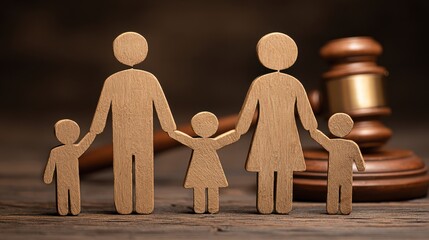 Wooden figures depicting a family of four hold hands in front of a large gavel, symbolizing legal issues related to family law and child custody. The background suggests a courtroom setting