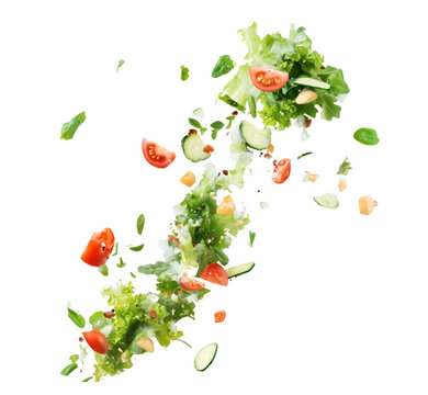 Fresh healthy salad with floating lettuce tomatoes cucumbers and cheese on transparent background