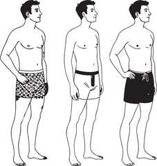 Stylized male figures in different body proportions wearing beach attire, perfect for body type comparison sketches
