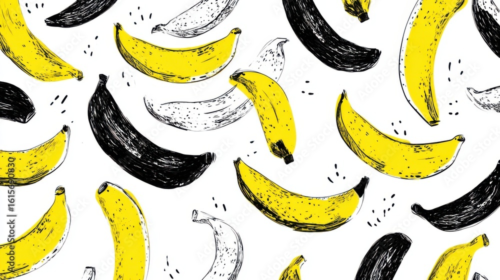 Poster yellow and black bananas in a playful doodle style, scattered across a white background with ample s