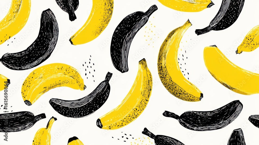 Poster yellow and black bananas in a playful doodle style, scattered across a white background with ample s