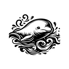 Obraz premium Stylized Black and White Dolphin Emerging from Swirling Water Waves.