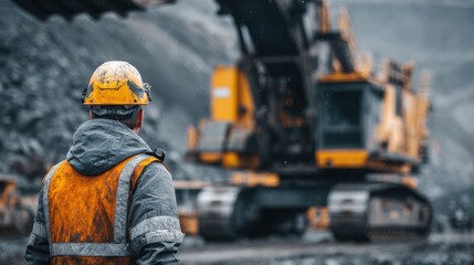 A construction worker in safety gear stands with his back to the camera, watching a large excavator operate at a mining site. The atmosphere is cloudy and industrial