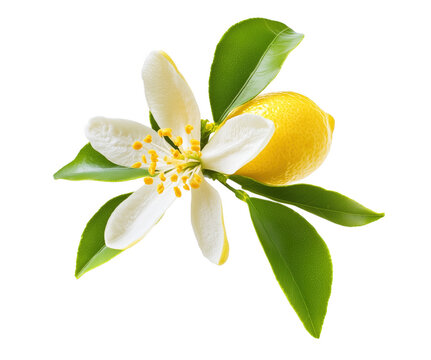 Fresh lemon blossom with green leaves and ripe lemon against a transparent background