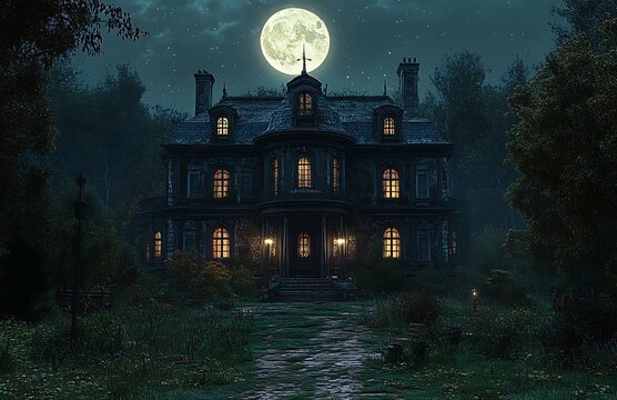 Spooky Victorian mansion with glowing windows under a full moon haunted house gothic