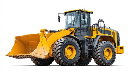 A large yellow wheel loader, equipped with a front bucket, is positioned at an urban construction site
