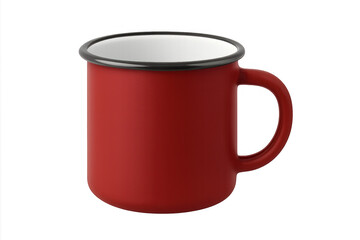 Classic red enamel camping mug featuring dark rim, white interior, sitting on transparent background, waiting for design integration and personalization