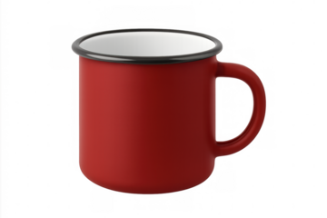 Classic red enamel camping mug featuring dark rim, white interior, sitting on transparent background, waiting for design integration and personalization