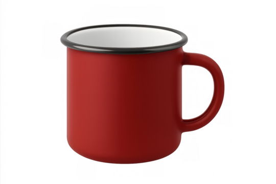 Classic red enamel camping mug featuring dark rim, white interior, sitting on transparent background, waiting for design integration and personalization