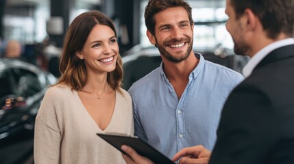 A young couple interacts with a salesperson at a car dealership, considering their options. They appear excited and engaged while discussing features and pricing of vehicles