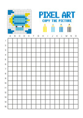 Copy the picture grid drawing worksheet for kids. Pixel art colorful zeppelin © Adpragus