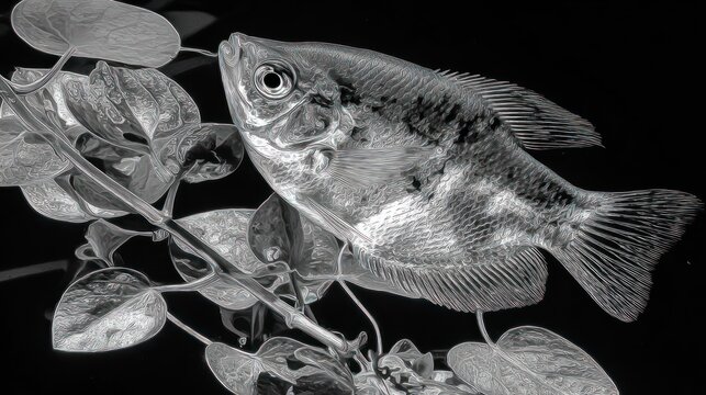 Grayfish in grayscale, plant backdrop