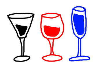 Red, blue, black glasses doodle, drink celebration cheers