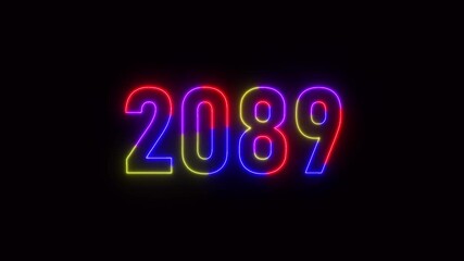 2089 neon line text. Abstract 2089 neon text animation ,For neon color Glowing neon number text background 4k video animation .Digital font against a dark background with neon line looping animation.