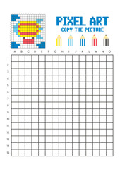 Copy the picture grid drawing worksheet for kids. Pixel art colorful zeppelin © Adpragus