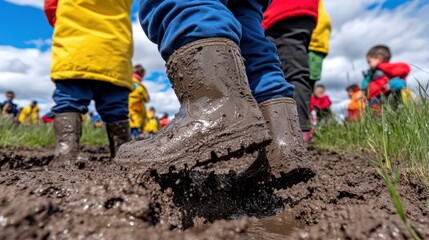 Children in Colorful Raincoats Playing in Muddy Field with Rubber Boots on a Bright Sunny Day Outdoors