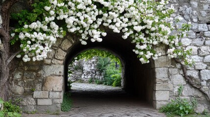 Fototapeta premium Stone Archway Adorned with White Flowers, Leading to Secret Garden