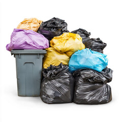 A pile of plastic garbage bags stacked beside a dumpster, ready for pickup. isolate on transparent background