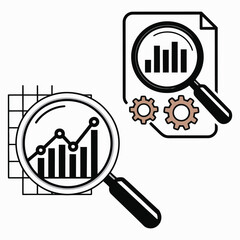 Data analysis and business intelligence vector icons. Magnifying glass over a financial graph and report chart for market research.