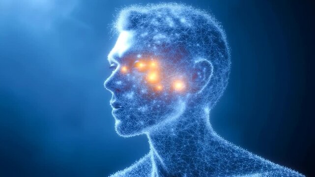 Abstract image of a human head made of network lines with bright light dots in the brain area symbolizing artificial intelligence, digital thinking and neural connections on a blue background with cop
