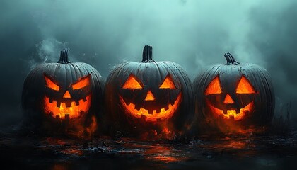 Three glowing jack o lanterns with carved faces on a dark misty background halloween