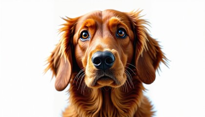 A digitally rendered Irish Setter dog with soulful eyes staring directly ahead.