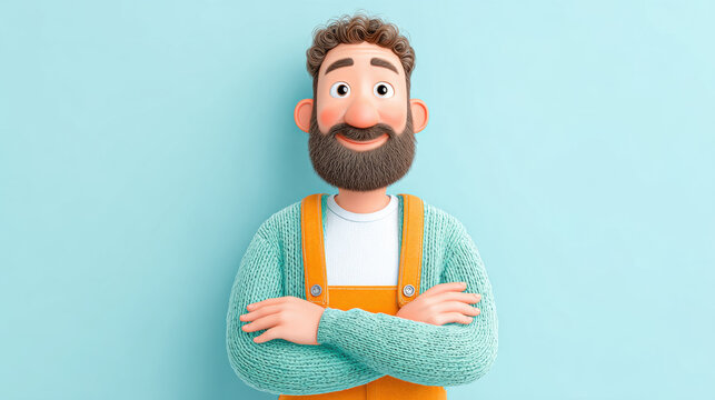 Worker cartoon, A cheerful cartoon character with a beard, wearing an orange apron against a blue background.